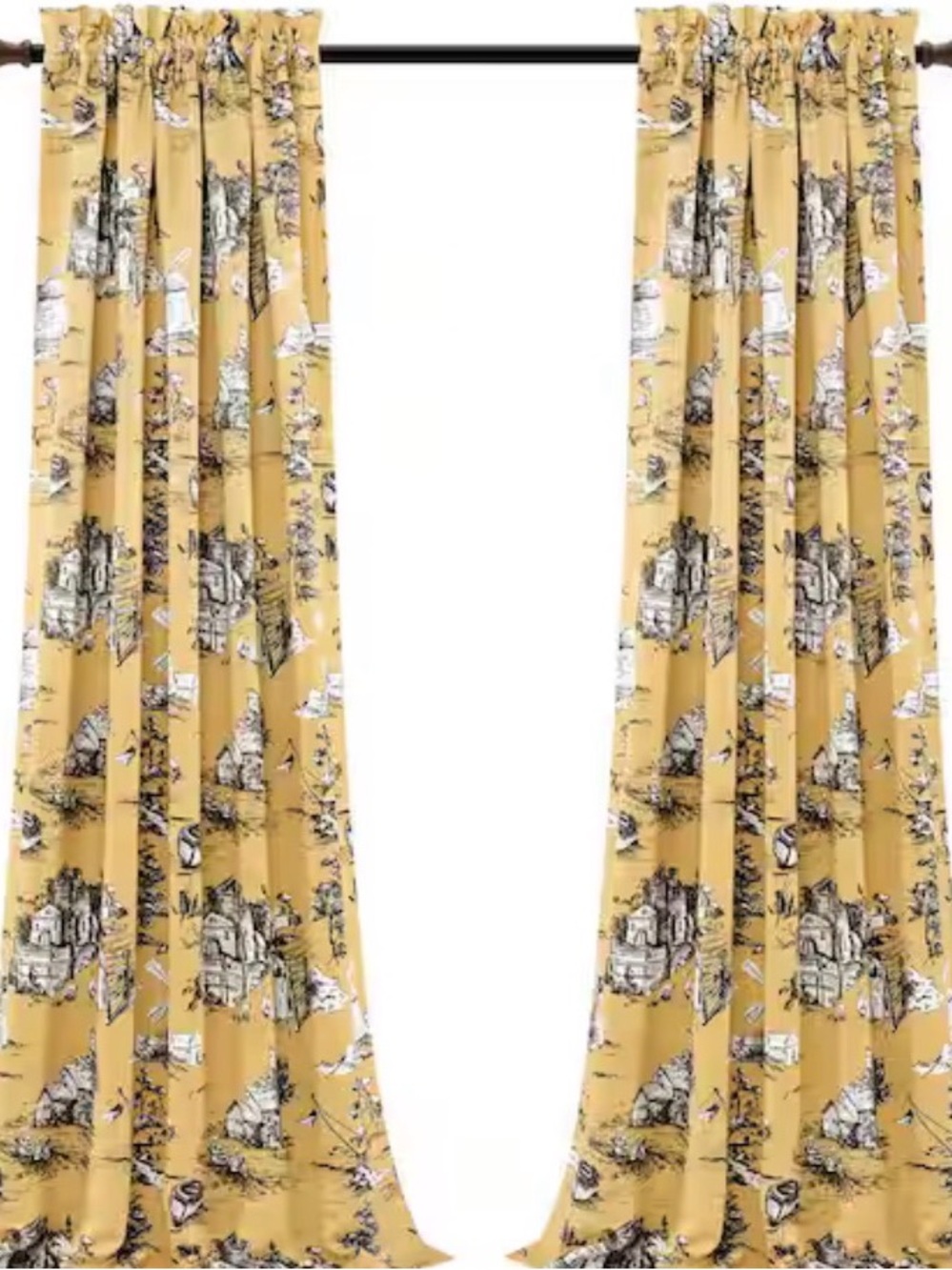 Classic Toile French countryside Printed Curtain Panels (2) in Mustard Yellow